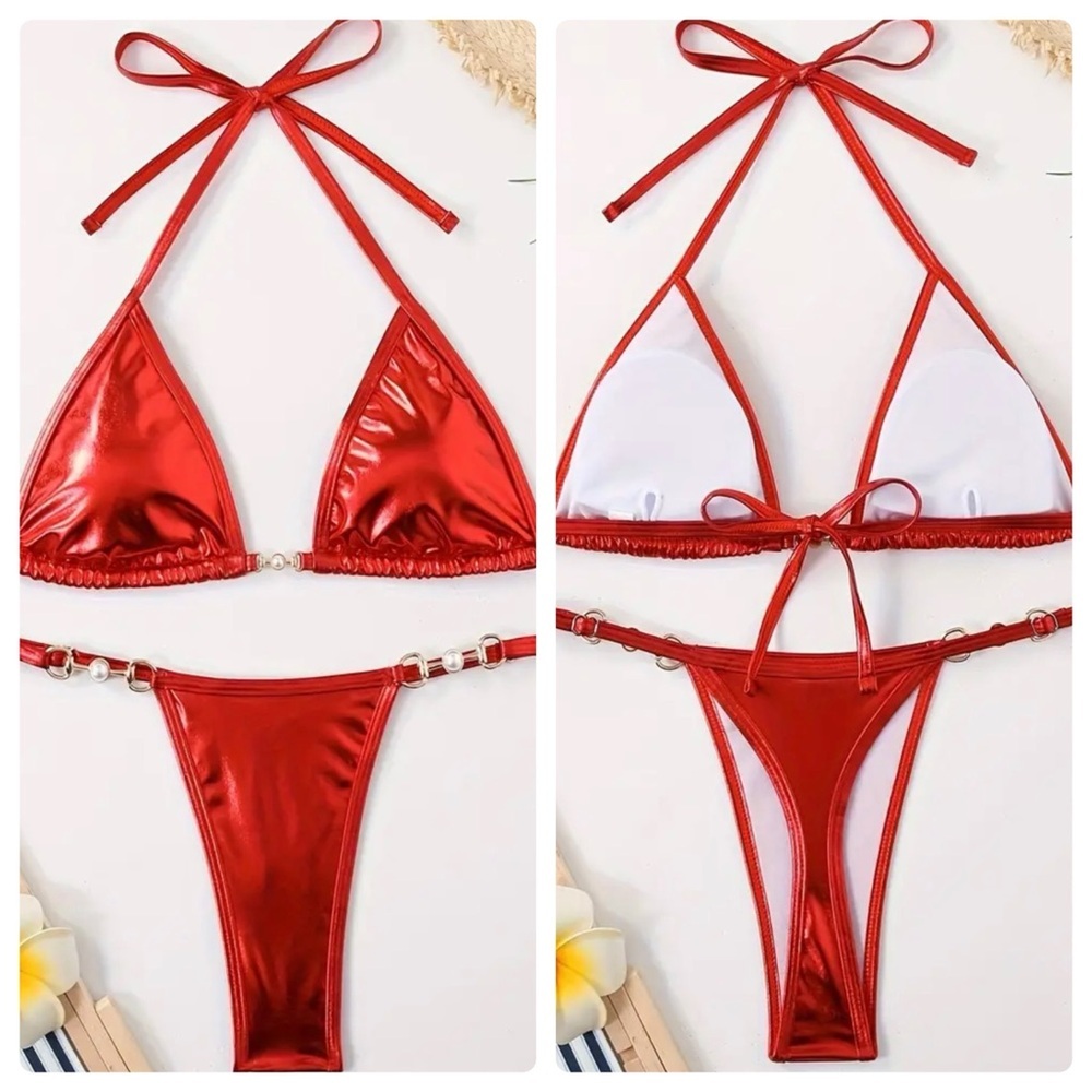 Red Metallic Triangle Halter Thong Bikini Set - Picture 4 of 12